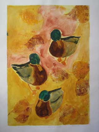 Three Ducks in a Row with Leaves #1 